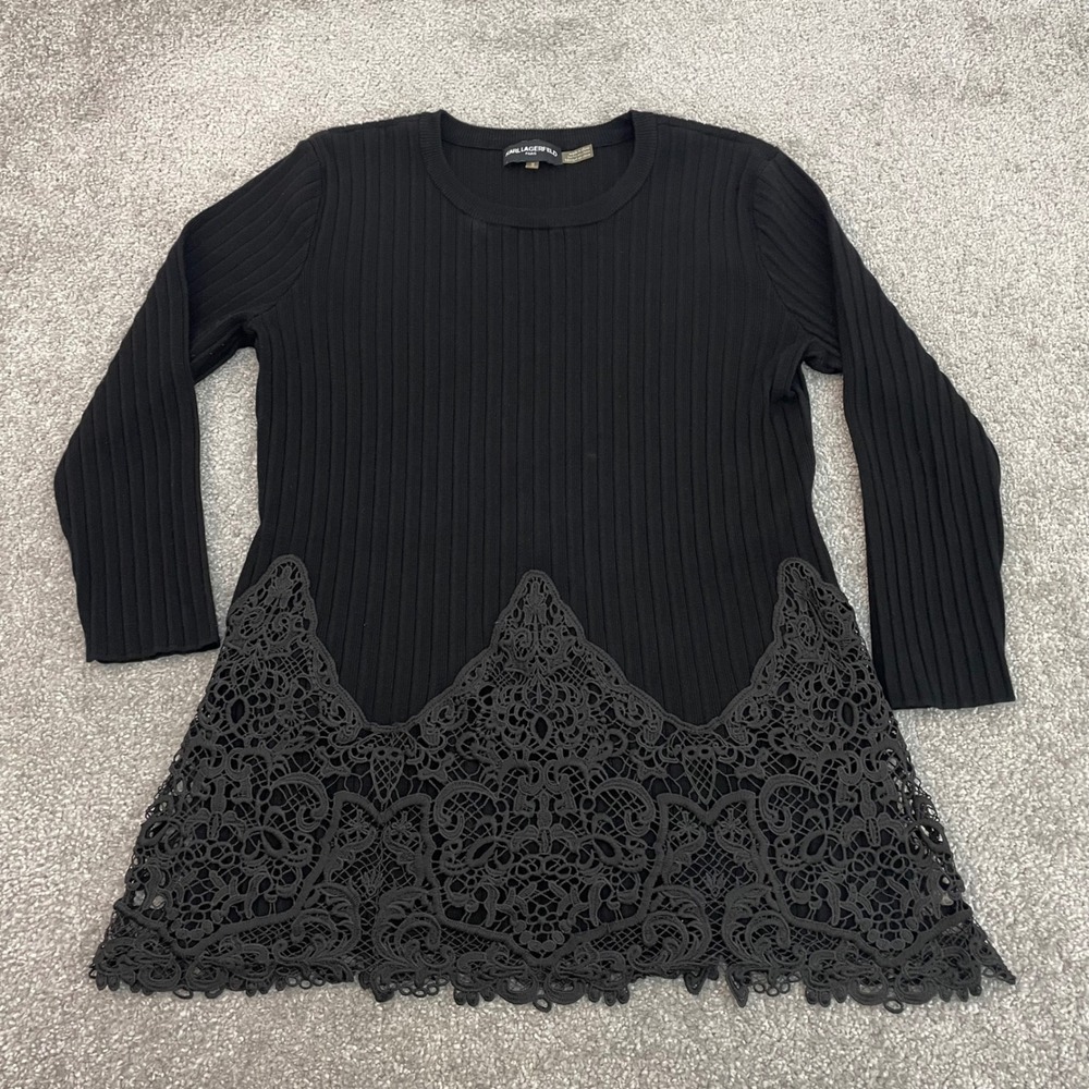 Karl Lagerfeld Top Womens Medium Black Ribbed Lace Hem Parisian Dark Academia